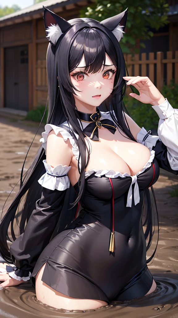 Detailed facial details，1 girl、Cat ear，Black long hair,Residence，Bring a white mask，Large Breasts，Wearing a blue striped sailor suit，Charming red eye, Shy expression，Slim，Handcuffs，collar，Radiant Skin，Facial details are very detailed, Body covered in mud