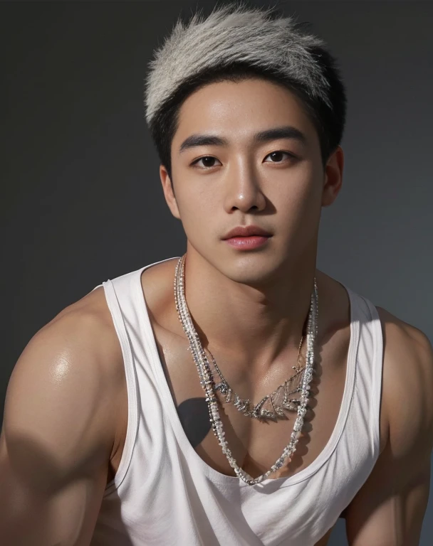 A shirtless Asian man with a round face., black eyes, staring at the viewer, morning sun, ((face details)), Double eyelids, realistic, Masterpiece, short hair, black eyes,abdominal muscles, The body is beautiful and strong...,, (digital painting, HDR, high contrast