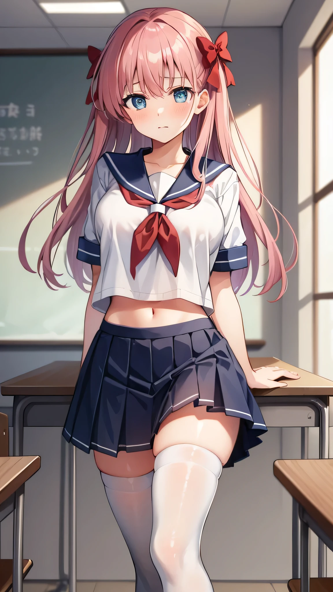 {{{masterpiece}}}, {{{best quality}}}, {{ultra-detailed}}, {illustration}, {{an extremely delicate and beautiful}}, (beautiful detailed eyes:1.6), extremely detailed face, 8k, anime face, nodoka haramura(Saki), cute face, blue eyes, hair bow, long hair, pink hair, red bow, large breasts, thin waist, big hips, curvaceous, {kiyosumi high school uniform}, {school uniform}, serafuku, short length serafuku, short sleeve, red long neckerchief, navel, blue skirt, pleated skirt, microskirt, G stockings, white stockings, thighs, zettai ryouiki, BREAK, standing, embarrassed, flushed cheeks, indoor, daytime, in the classroom, mahjong table, mahjong tiles, have mahjong tiles