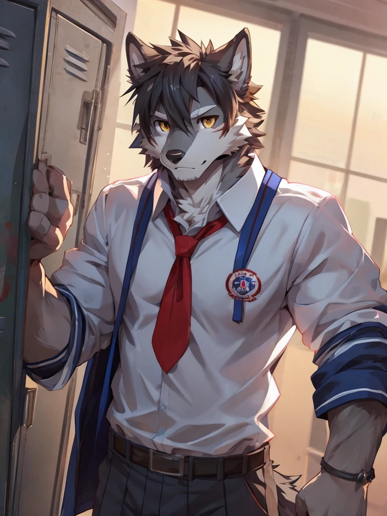 embedding:Gray wolf,Golden Eyes,Single Person,a scar on the face.Gray fur,High school students,male school uniform,Scratch head,Standing by the school locker,Nervous,Male.Thin,Handsome,Smart,Nervous,Best quality hands, best quality eye,detailed fur,Delicate eyes.Extreme picture quality,by sollyz,by zixiong,by null_ghost