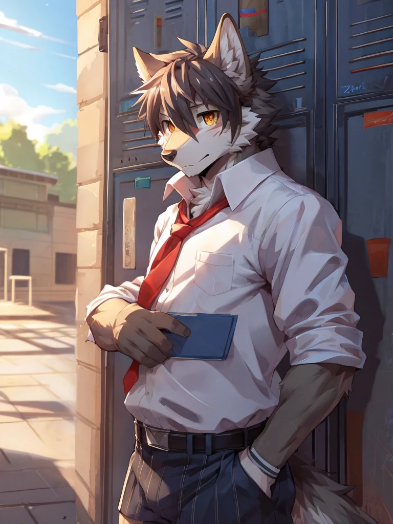 embedding:Gray wolf,Golden Eyes,Single Person,a scar on the face.Gray fur,High school students,male school uniform,Scratch head,Standing by the school locker,Nervous,Male.Thin,Handsome,Smart,Nervous,Best quality hands, best quality eye,detailed fur,Delicate eyes.Extreme picture quality,by sollyz,by zixiong,by null_ghost