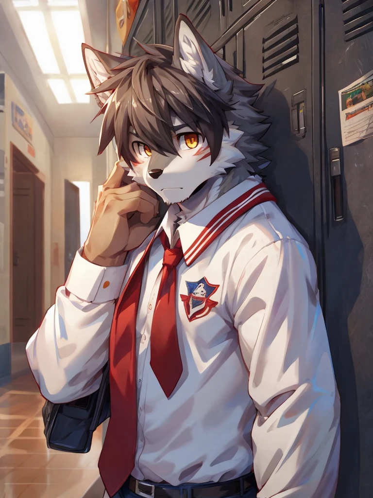 embedding:Gray wolf,Golden Eyes,Single Person,a scar on the face.Gray fur,High school students,male school uniform,Scratch head,Standing by the school locker,Nervous,Male.Thin,Handsome,Smart,Nervous,Best quality hands, best quality eye,detailed fur,Delicate eyes.Extreme picture quality,by sollyz,by zixiong,by null_ghost