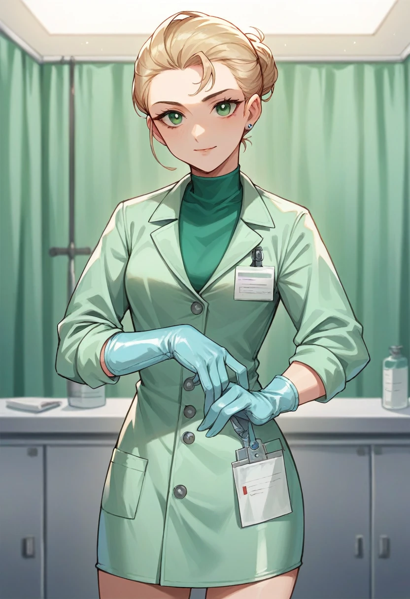 1girl, ((light blue gloves)), ((surgical gloves)), ((latex gloves)), ((long sleeves)), ((green surgeon outfit)), ((doctor)), looking at viewer, standing, solo
