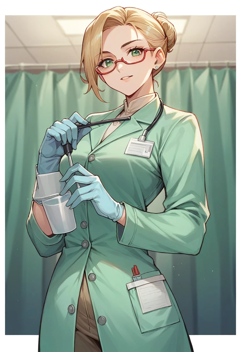 1girl, ((light blue gloves)), ((surgical gloves)), ((latex gloves)), ((long sleeves)), ((green surgeon outfit)), ((doctor)), looking at viewer, standing, solo