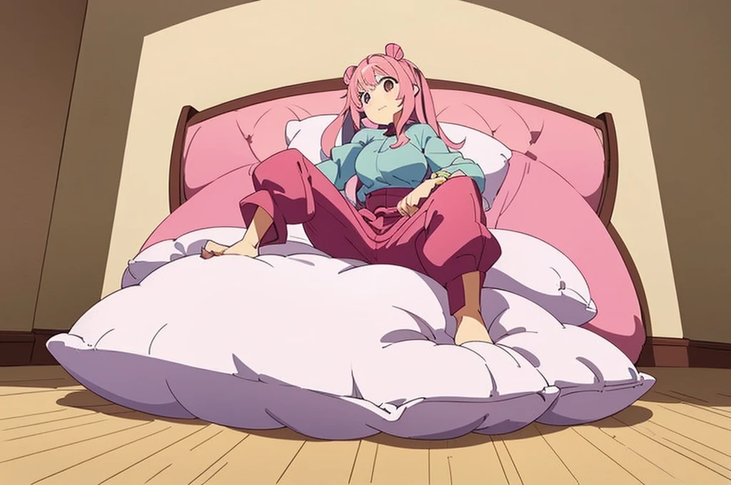 (best quality， masterpiece) , details, (Light and shadow oxtail) , Cute girl posing on pillow ，Pillow, Upholstered，Soft pillow quotation，（Pillow），The love surrounding the protagonist，steam，Luxury Pillow），（Gorgeous pattern pillow），luxurious pillow，（bedroom ）, standing,（Love around the protagonist），（pillow）, long hair, frilled pillow , ((pink pillow))  , 1 pillow, standing on top of pillow, on pillow, big pillow, pillow damage, stomping pillow, stomping, pillow on floor, stepping on pillow, posing on top pillow, full body, pillow on floor, (((pink hair))), feathers