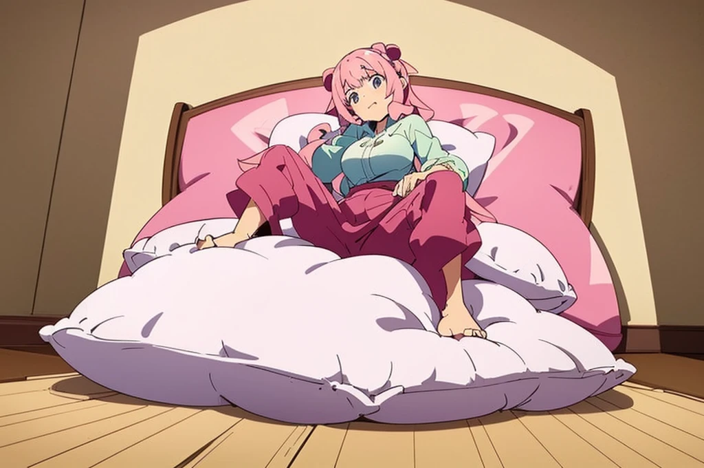 (best quality， masterpiece) , details, (Light and shadow oxtail) , Cute girl posing on pillow ，Pillow, Upholstered，Soft pillow quotation，（Pillow），The love surrounding the protagonist，steam，Luxury Pillow），（Gorgeous pattern pillow），luxurious pillow，（bedroom ）, standing,（Love around the protagonist），（pillow）, long hair, frilled pillow , ((pink pillow))  , 1 pillow, standing on top of pillow, on pillow, big pillow, pillow damage, stomping pillow, stomping, pillow on floor, stepping on pillow, posing on top pillow, full body, pillow on floor, (((pink hair))), feathers