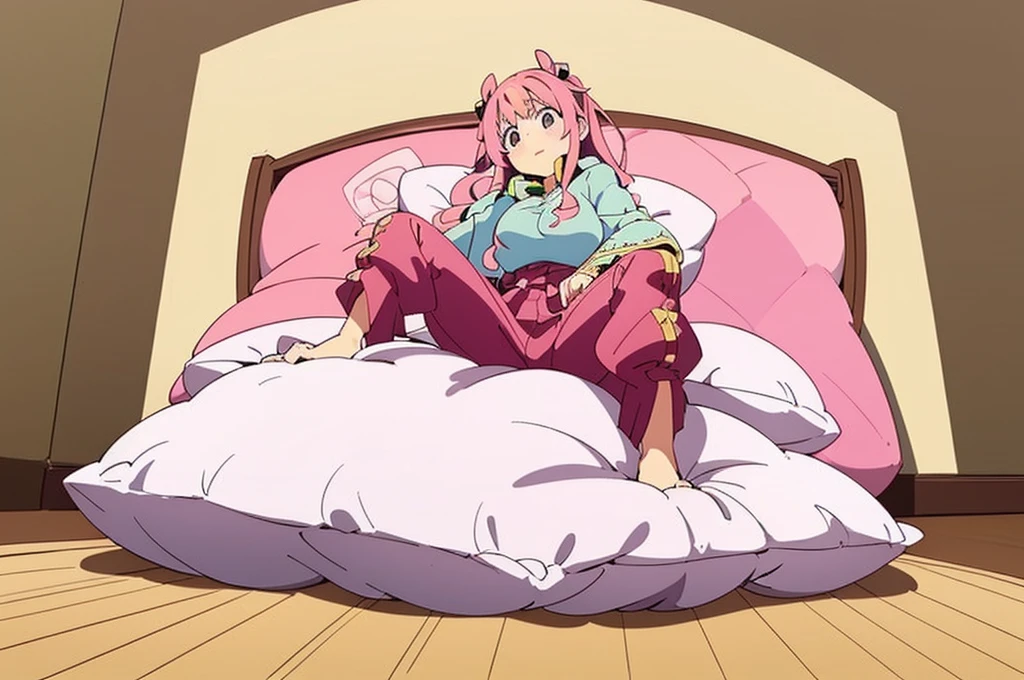 (best quality， masterpiece) , details, (Light and shadow oxtail) , Cute girl posing on pillow ，Pillow, Upholstered，Soft pillow quotation，（Pillow），The love surrounding the protagonist，steam，Luxury Pillow），（Gorgeous pattern pillow），luxurious pillow，（bedroom ）, standing,（Love around the protagonist），（pillow）, long hair, frilled pillow , ((pink pillow))  , 1 pillow, standing on top of pillow, on pillow, big pillow, pillow damage, stomping pillow, stomping, pillow on floor, stepping on pillow, posing on top pillow, full body, pillow on floor, (((pink hair))), feathers