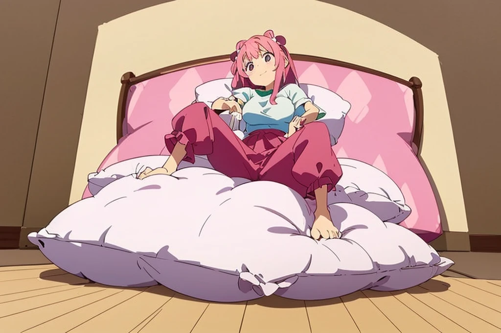 (best quality， masterpiece) , details, (Light and shadow oxtail) , Cute girl posing on pillow ，Pillow, Upholstered，Soft pillow quotation，（Pillow），The love surrounding the protagonist，steam，Luxury Pillow），（Gorgeous pattern pillow），luxurious pillow，（bedroom ）, standing,（Love around the protagonist），（pillow）, long hair, frilled pillow , ((pink pillow))  , 1 pillow, standing on top of pillow, on pillow, big pillow, pillow damage, stomping pillow, stomping, pillow on floor, stepping on pillow, posing on top pillow, full body, pillow on floor, (((pink hair))), feathers