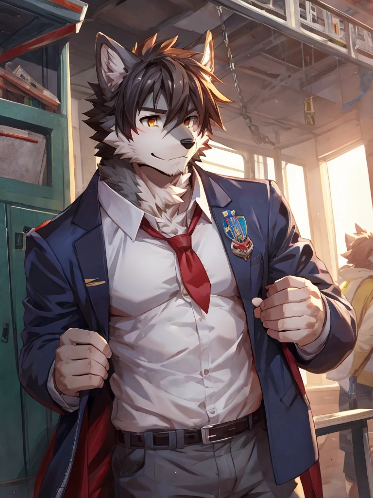 embedding:Gray wolf,Golden Eyes，Single Person,a scar on the face.Gray fur，High school students,male school uniform,Scratch head,Standing by the school locker,Nervous,Male.Thin,Handsome,Smart,Nervous,Best quality hands, best quality eye，detailed fur，Delicate eyes.Extreme picture quality，by sollyz,by zixiong,by null_ghost