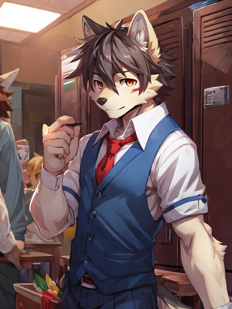 embedding:Gray wolf,Golden Eyes，Single Person,a scar on the face.Gray fur，High school students,male school uniform,Scratch head,Standing by the school locker,Nervous,Male.Thin,Handsome,Smart,Nervous,Best quality hands, best quality eye，detailed fur，Delicate eyes.Extreme picture quality，by sollyz,by zixiong,by null_ghost
