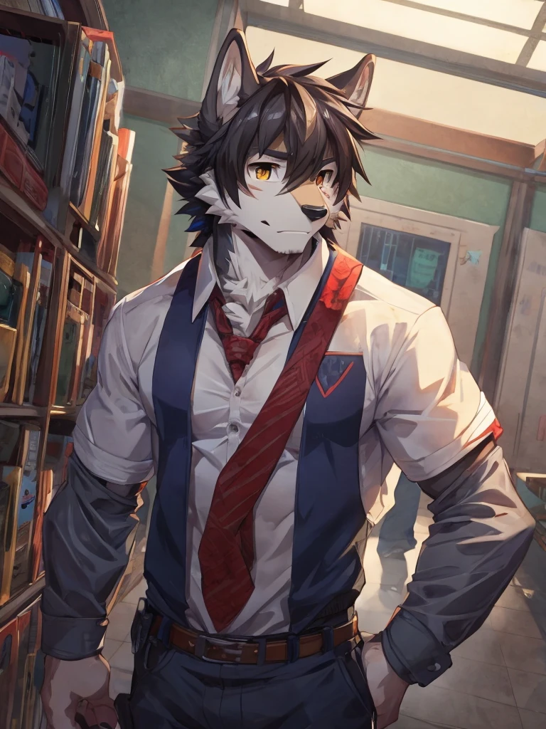 embedding:Gray wolf,Golden Eyes,Single Person,a scar on the face.Gray fur,High school students,male school uniform,Scratch head,Standing by the school locker,Nervous,Male.Thin,Handsome,Smart,Nervous,Best quality hands, best quality eye,detailed fur,Delicate eyes.Extreme picture quality,by sollyz,by zixiong,by null_ghost