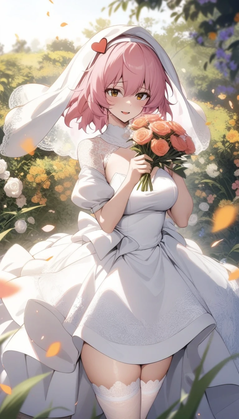masterpiece, best quality, very aesthetic, absurdres, 1girl, mature_lady, wedding_dress,White lace miniskirt wedding dress, Holding flowers, White lace stockings, wedding hood,  ,komeiji_satori(touhou), pink_hair, hairband, heart_hair_ornament,,surrounding by flowers,falling_petals, outdoors, petals,,grasses and flowers,floating_clothes