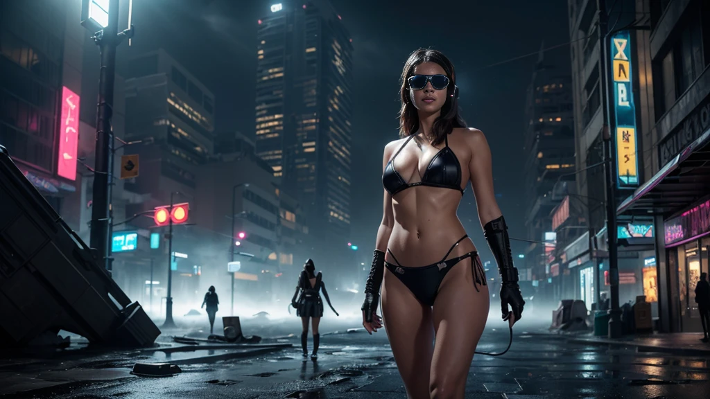 At night, dark sky, gorgeous Woman, (walks In a frozen cyberpunk city in ruins), (stray dog, Egyptian sphinx statue). Heavy tropical rain, Head slightly tilted back, leather bikini, Distorted Space, Light Shafts, Volumetric Lighting, 4k Rendering, Stock Photo, Realistic Textures, Dramatic Lighting, Unreal Engine. Electric lighting. Windy messy hair. (((1girl, solo, alone))), medium-breast:1.1 slim body, cleavage, (((headphone, black sunglasses))), (((hip-up standing and holding (pistol)))), (((half-body thigh level medium shot))), cinematic lighting, lens flare, ray tracing.
