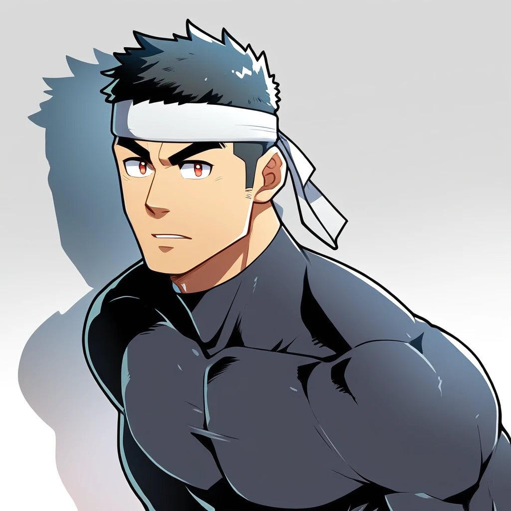 anime characters:Gyee, Muscle Sports Student, Manliness, sports headband, male focus, Cute boy with big eyes, Mike WHite high collar long sleeve tight T-shirt, Slightly transparent material, Very tight, Round, full and perky chest muscles, Slightly transparent, muscular male, muscular, only, Upper body, alone, Black short hair, Thick eyebrows, stubble, Cute little eyes, Brown-red pupils, Grey background, simple background, amazing quality, best aesthetics, Ridiculous, crew cut, parted lips, v-shaped eyebrows, jitome, drop shadow, best quality