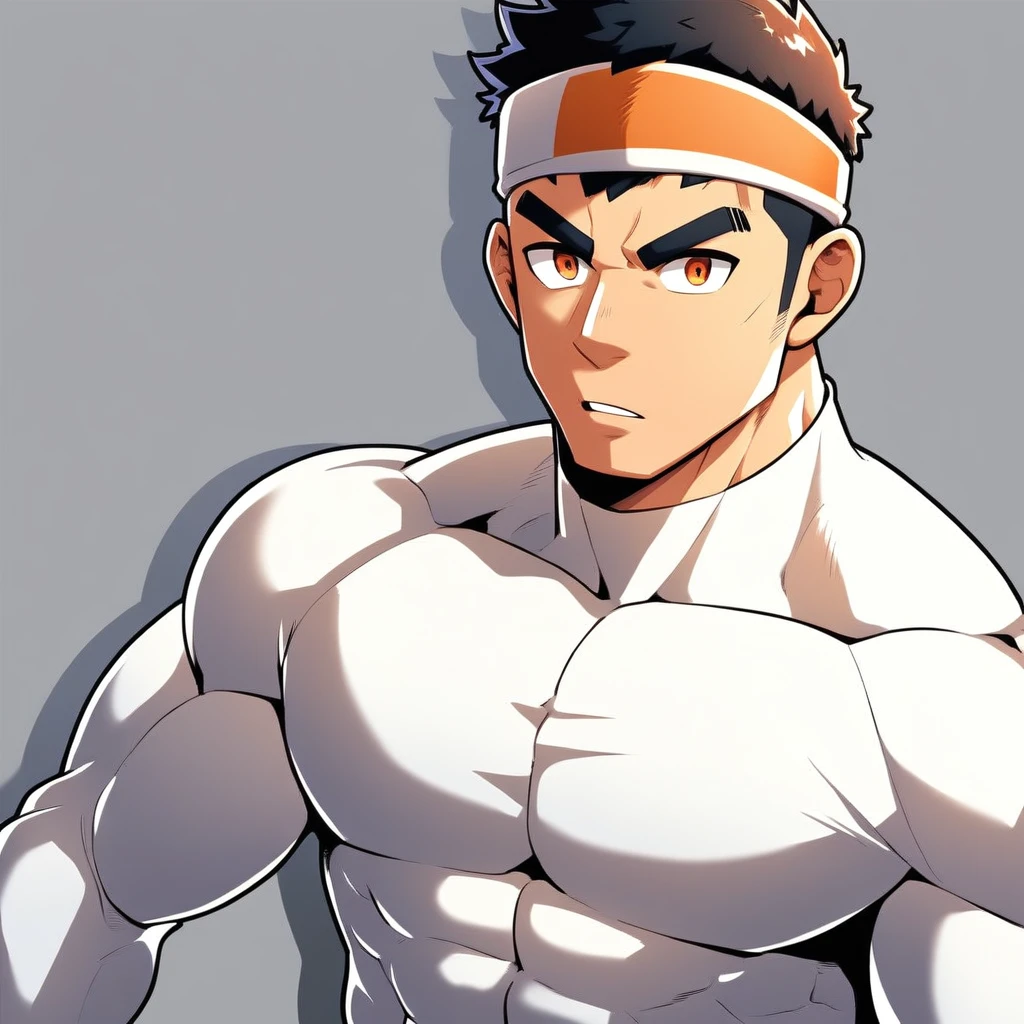 anime characters：Gyee, Muscle Sports Student, Manliness, sports headband, male focus, Cute boy with big eyes, Mike WHite high collar long sleeve tight T-shirt, Slightly transparent material, Very tight, Round, full and perky chest muscles, Slightly transparent, muscular male, muscular, only, Upper body, alone, Black short hair, Thick eyebrows, stubble, Cute little eyes, Brown-red pupils, Grey background, simple background, amazing quality, best aesthetics, Ridiculous, crew cut, parted lips, v-shaped eyebrows, jitome, drop shadow, best quality