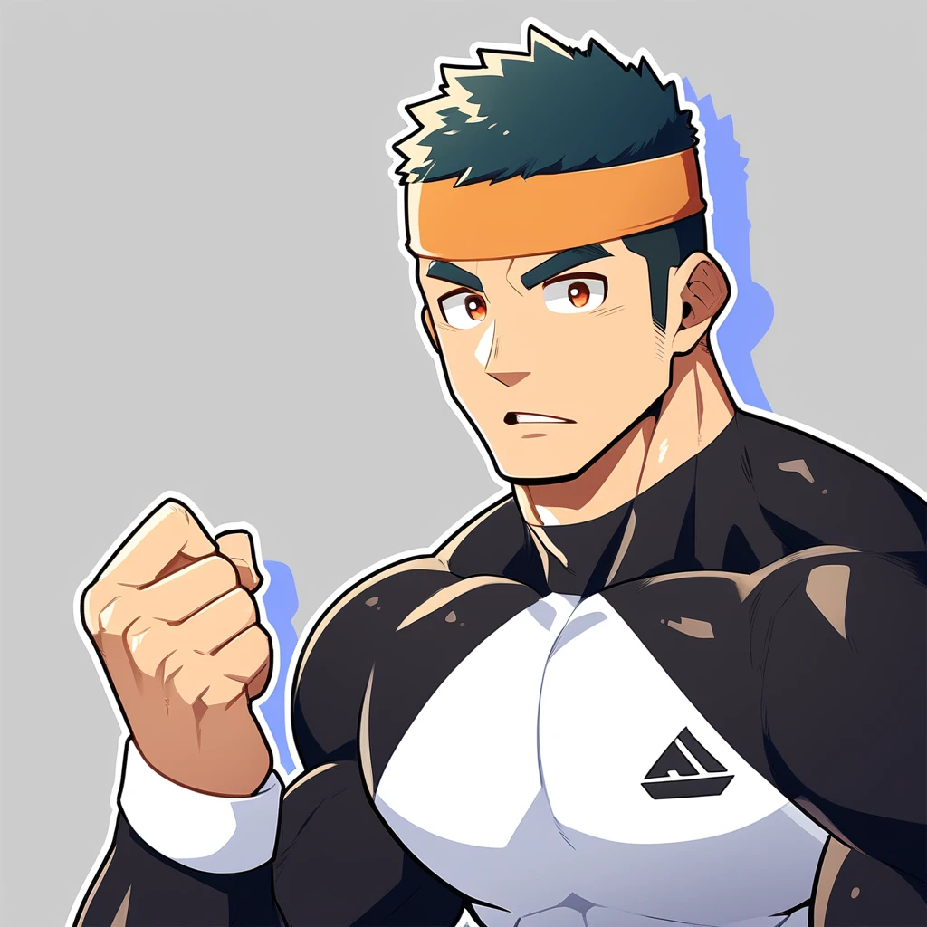 anime characters：Gyee, Muscle Sports Student, Manliness, sports headband, male focus, Cute boy with big eyes, Mike WHite high collar long sleeve tight T-shirt, Slightly transparent material, Very tight, Round, full and perky chest muscles, Slightly transparent, muscular male, muscular, only, Upper body, alone, Black short hair, Thick eyebrows, stubble, Cute little eyes, Brown-red pupils, Grey background, simple background, amazing quality, best aesthetics, Ridiculous, crew cut, parted lips, v-shaped eyebrows, jitome, drop shadow, best quality