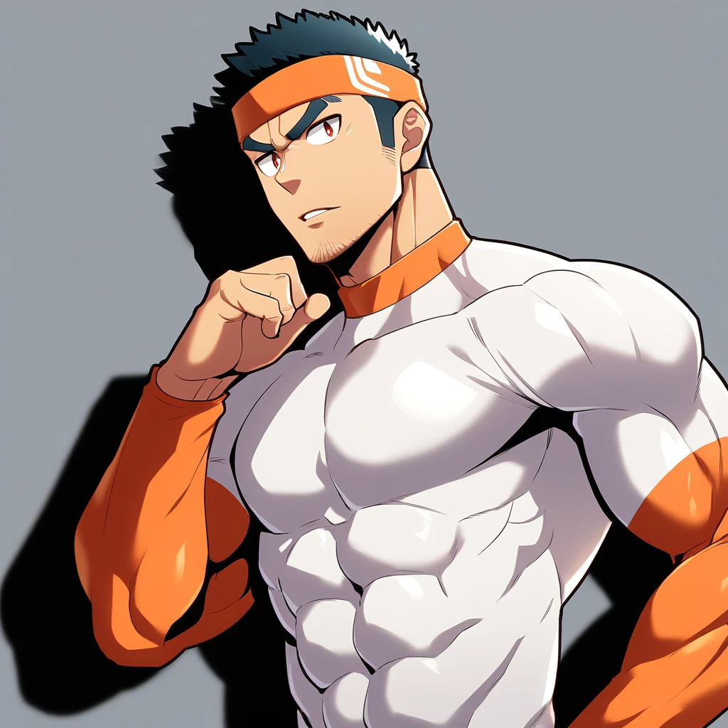 anime characters：Gyee, Muscle Sports Student, Manliness, sports headband, male focus, Cute boy with big eyes, Mike WHite high collar long sleeve tight T-shirt, Slightly transparent material, Very tight, Round, full and perky chest muscles, Slightly transparent, muscular male, muscular, only, Upper body, alone, Black short hair, Thick eyebrows, stubble, Cute little eyes, Brown-red pupils, Grey background, simple background, amazing quality, best aesthetics, Ridiculous, crew cut, parted lips, v-shaped eyebrows, jitome, drop shadow, best quality