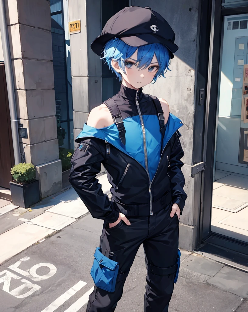 masterpiece,1 boy,Solitary,Blue Hair,Bodysuit,Off-shoulder:1.2, Thug Hat, street,Hands on Hips, Hands in pockets,