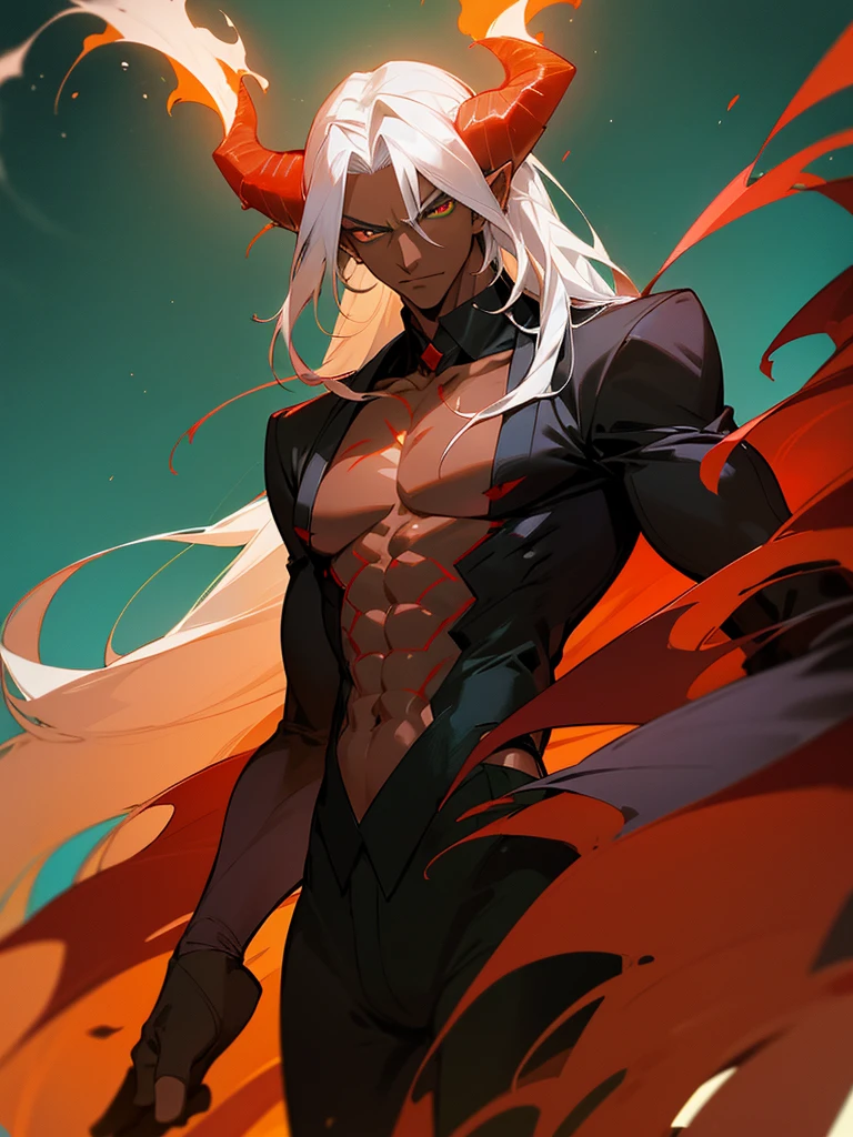 My demon form is no more than a reflection of my personality in mortal form. It is tall, lanky and lean, with pointed ears, long limbs, and sharp features. My skin is pale and smooth, devoid of much of the texture or color found in humans. I wear simple, black robes that blend into the shadows, concealing as much of me as possible. My eyes are red and menacing, with flames burning within them. Male, bara, huge male figure