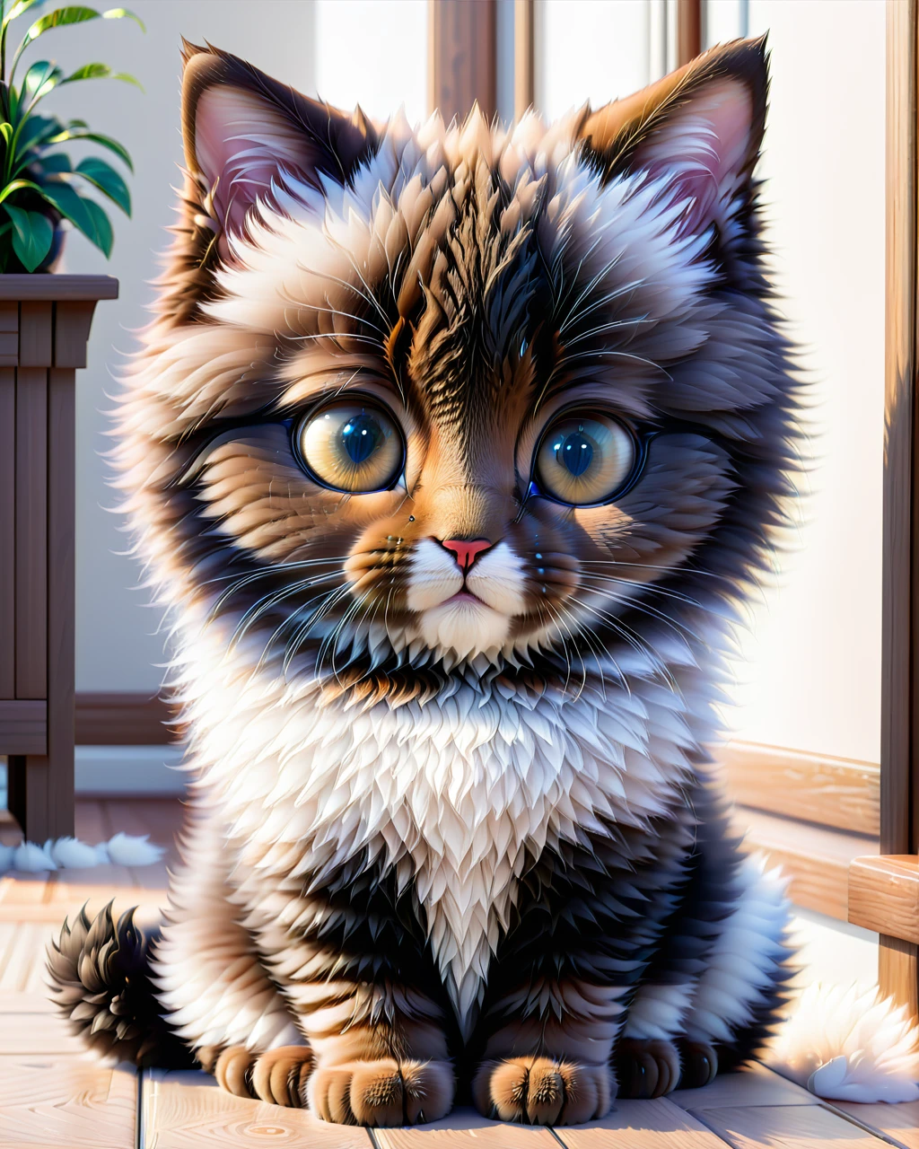 3d (((fluffy))) cat puppy, sitting, close-up, cute and adorable, eyes closed smooth cinematic unreal engine, intricate detail, cinematic