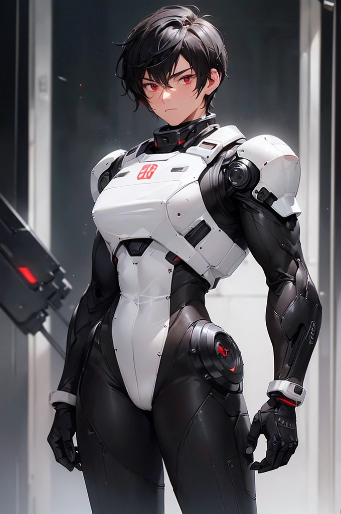 (((masterpiece; best quality: 1.2))), (finely detailed eyes: 1.3), (25 year old man), (solo), (red eyes: 1.4), (body; toned, fit, masculine: 1.3), (short black hair: 1.3), (beautiful and clear background: 1.2), ((depth of field)), (equipment: black-and-white mechpilot bodysuit + black gloves: 1.3), (anime illustration: 1.2), (background composition; hangar: 1.1), (extremely fine and handsome: 1.1), (shot composition; standing + centered on torso + close-up: 1.5), (expression; calm, stoic: 1.2)