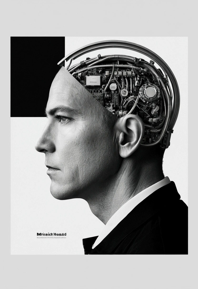 A person&#39;s head becomes a complex machine monitor，Black and white photo album cover，Minimalist blur style