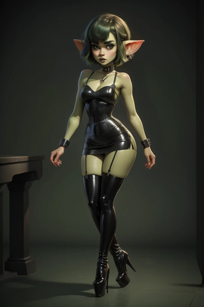 Goblin girl. green skin. very short hairstyle. choker. black pouty lips. big , hourglass figure, goth, eyeshadow, eyeliner, thigh high boots, high heels, magical girl outfit