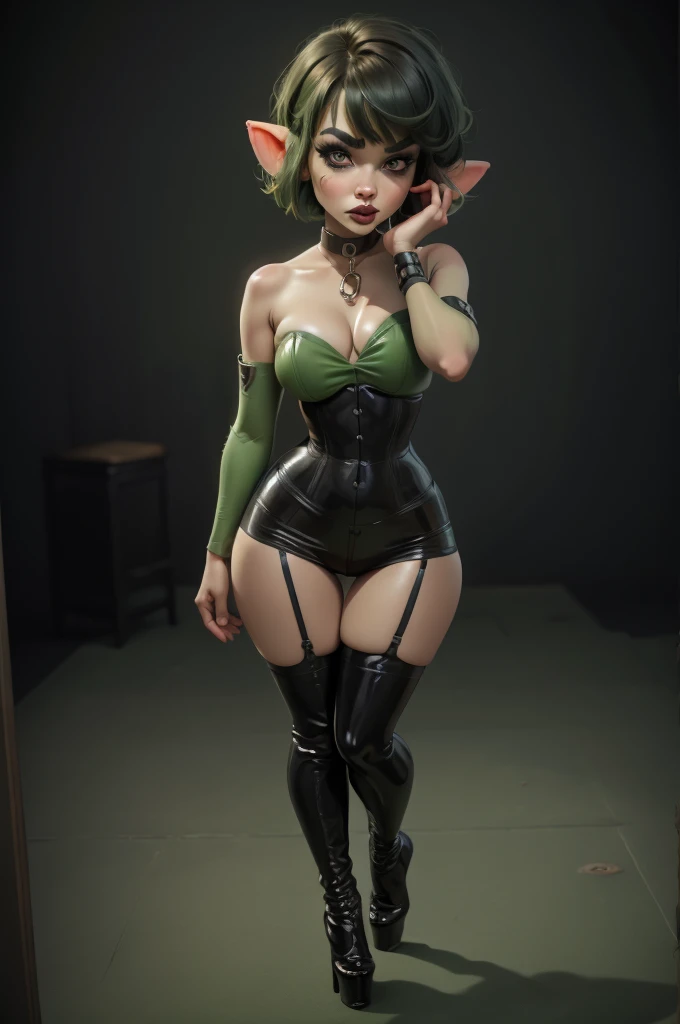 Goblin girl. green skin. very short hairstyle. choker. black pouty lips. big , hourglass figure, goth, eyeshadow, eyeliner, thigh high boots, high heels, magical girl outfit