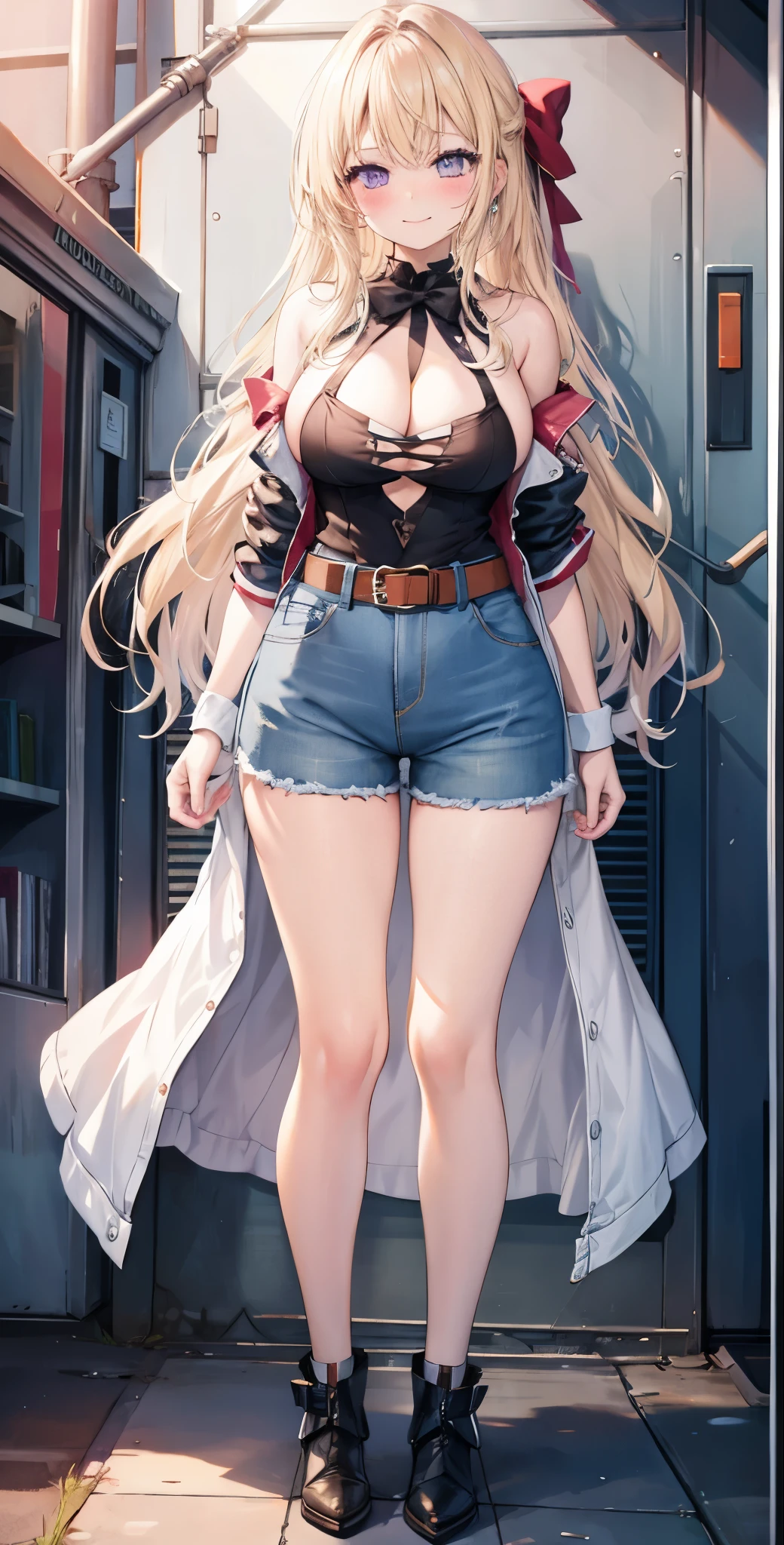 girl,Large Breasts,long hair,Topless,Bow,Blonde hair, Purple Eyes, Long hair, Large Breasts, belt, Short jeans pants,, permanent, Looking at the audience, city road, outdoor, Cleavage, blush, Shy, Smile, Show your teeth, Sexy pose, shorts, jacket, Bare shoulders.