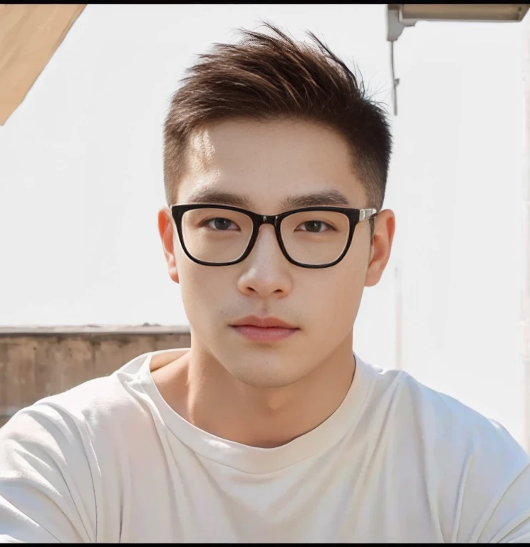A shirtless Asian man with a round face., black eyes, staring at the viewer, morning sun, ((face details)), Double eyelids, realistic, Masterpiece, short hair, black eyes,abdominal muscles, The body is beautiful and strong...,, (digital painting, HDR, high contrast