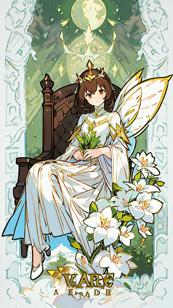 1 girl, dark brown hair, gold eyes, White skin, dressed in a white dress with lace and pleats, fairy wings, shy posture, whole body, sitting on a tree throne, green lights, Moonlight, flower crown on her head, soft smile, gentle.