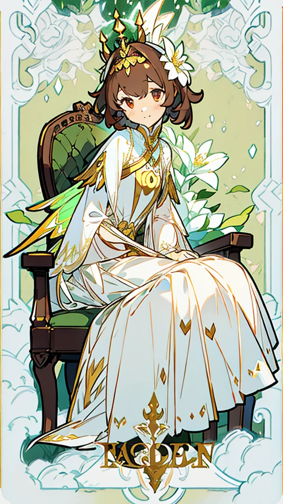 1 girl, dark brown hair, gold eyes, White skin, dressed in a white dress with lace and pleats, fairy wings, shy posture, whole body, sitting on a tree throne, green lights, Moonlight, flower crown on her head, soft smile, gentle.