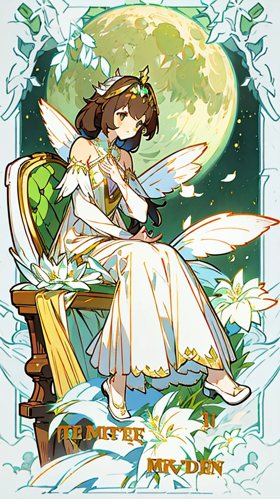 1 girl, dark brown hair, gold eyes, White skin, dressed in a white dress with lace and pleats, fairy wings, shy posture, whole body, sitting on a tree throne, green lights, Moonlight, flower crown on her head, soft smile, gentle.