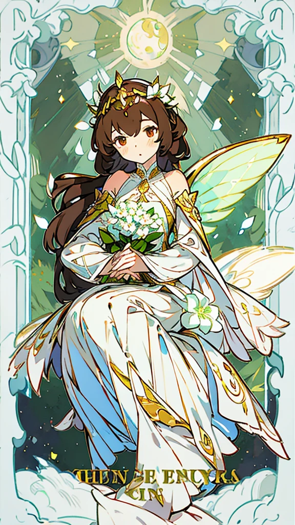1 girl, dark brown hair, gold eyes, White skin, dressed in a white dress with lace and pleats, fairy wings, shy posture, whole body, sitting on a tree throne, green lights, Moonlight, flower crown on her head, soft smile, gentle.