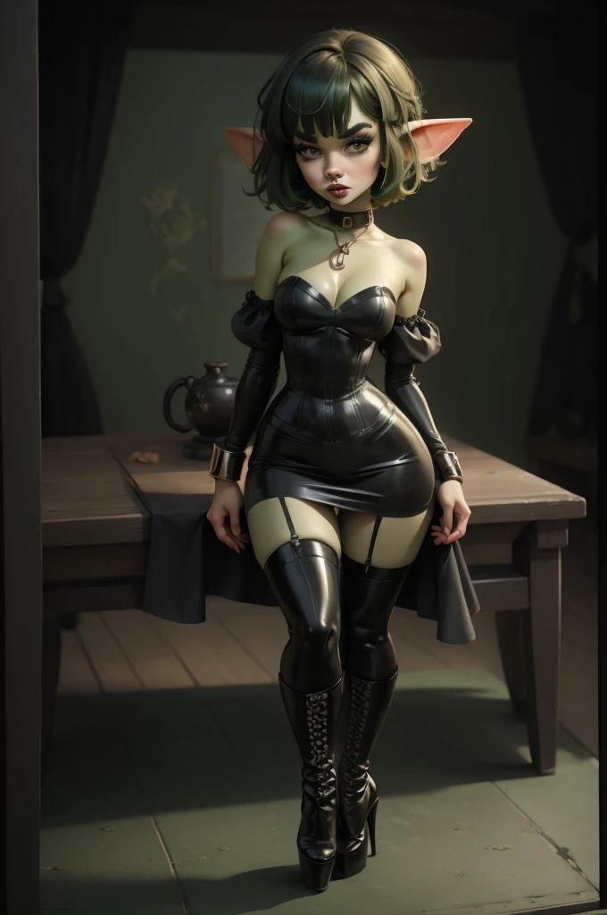 Goblin girl. green skin. very short hairstyle. choker. black pouty lips. big , hourglass figure, goth, eyeshadow, eyeliner, thigh high boots, high heels, magical girl outfit