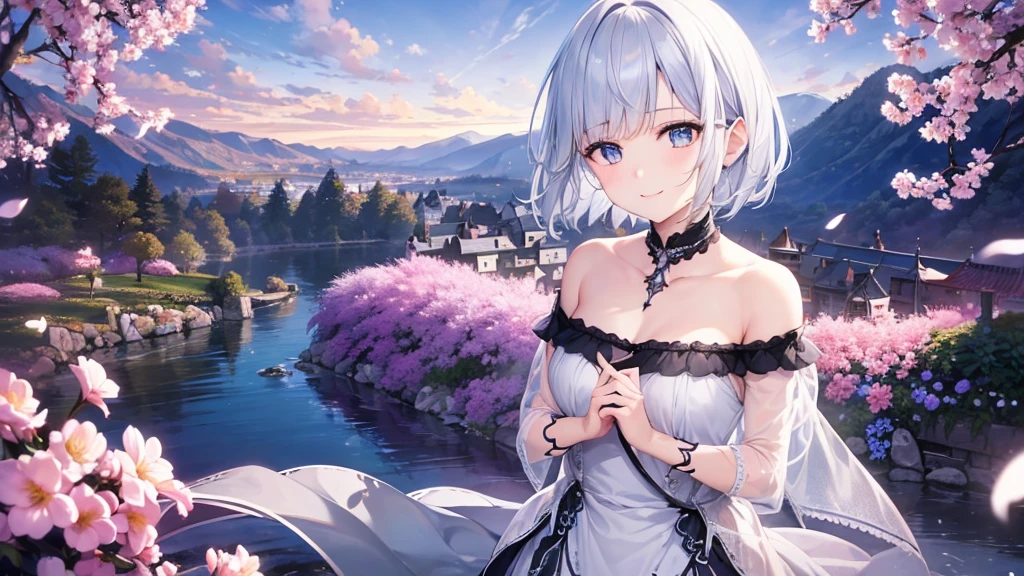 Ultra HD,Look at the viewers, Put your hands behind your back, With a girl, 20-year-old, 非常にShort Hair, Long bangs between the eyes, Pale blue eyes, Very detailed,(masterpiece、Highest quality),Gray Hair、Laughter、Fantastic, Silver Hair, Iris, Short hair、 Fluttering Hair、Small Face、明るいsmile、(Detailed face) ,Professional Lighting,Wonderful landscape,blue sky, sunlight,Looking down from above,Portraiture、Open your mouth、Flower Field、Her eyes were shining、Mysterious and enchanting atmosphere。With AI Painting、とてもShort Hair, Long bangs between the eyes, Very detailed,(masterpiece、Highest quality)、alone、Gray Hair、Fantasy, Silver Hair, Fantasyな風景、smile、Open your mouth、short hair、Short Hair、hairpin、black eye、Grey Eyes、Beautiful Eyes、White shirt、Jacket、I can see the neck、The clavicle is visible