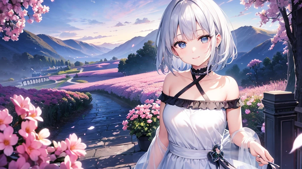 Ultra HD,Look at the viewers, Put your hands behind your back, With a girl, 20-year-old, 非常にShort Hair, Long bangs between the eyes, Pale blue eyes,  Very detailed,(masterpiece、Highest quality),Gray Hair、Laughter、Fantastic, Silver Hair, Iris,  Short hair、 Fluttering Hair、Small Face、明るいsmile、(Detailed face) ,Professional Lighting,Wonderful landscape,blue sky, sunlight,Looking down from above,Portraiture、Open your mouth、Flower Field、Her eyes were shining、Mysterious and enchanting atmosphere。With AI Painting、とてもShort Hair, Long bangs between the eyes, Very detailed,(masterpiece、Highest quality)、alone、Gray Hair、Fantasy, Silver Hair, Fantasyな風景、smile、Open your mouth、short hair、Short Hair、hairpin、black eye、Grey Eyes、Beautiful Eyes、White shirt、Jacket、I can see the neck、The clavicle is visible