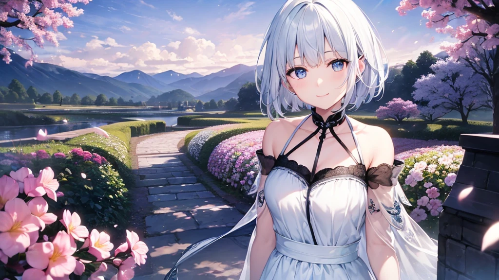 Ultra HD,Look at the viewers, Put your hands behind your back, With a girl, 20-year-old, 非常にShort Hair, Long bangs between the eyes, Pale blue eyes, Very detailed,(masterpiece、Highest quality),Gray Hair、Laughter、Fantastic, Silver Hair, Iris, Short hair、 Fluttering Hair、Small Face、明るいsmile、(Detailed face) ,Professional Lighting,Wonderful landscape,blue sky, sunlight,Looking down from above,Portraiture、Open your mouth、Flower Field、Her eyes were shining、Mysterious and enchanting atmosphere。With AI Painting、とてもShort Hair, Long bangs between the eyes, Very detailed,(masterpiece、Highest quality)、alone、Gray Hair、Fantasy, Silver Hair, Fantasyな風景、smile、Open your mouth、short hair、Short Hair、hairpin、black eye、Grey Eyes、Beautiful Eyes、White shirt、Jacket、I can see the neck、The clavicle is visible