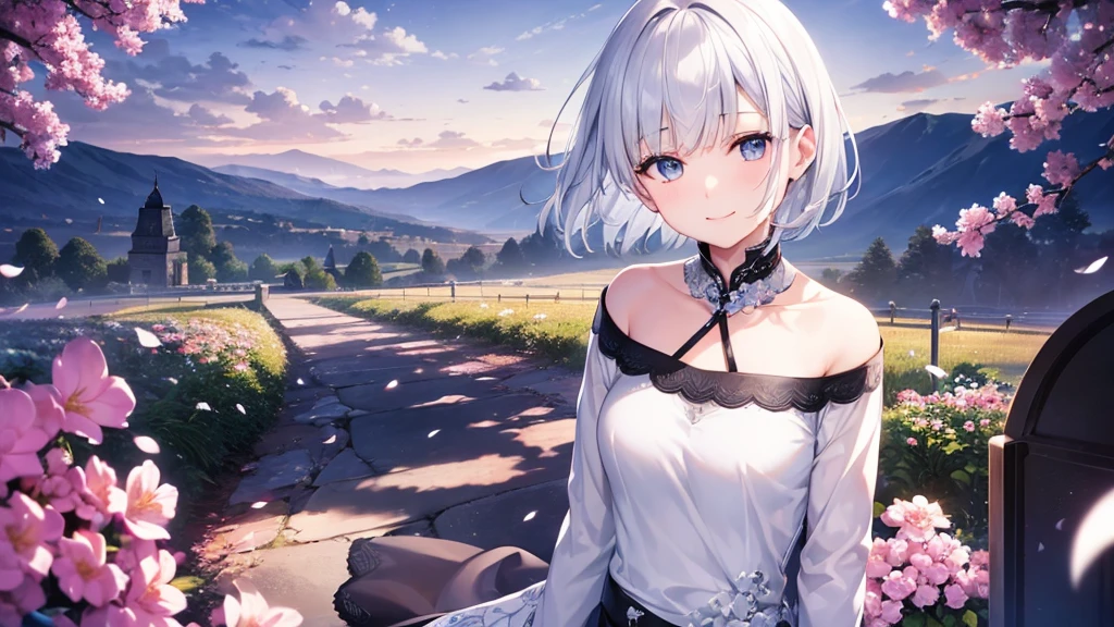Ultra HD,Look at the viewers, Put your hands behind your back, With a girl, 20-year-old, 非常にShort Hair, Long bangs between the eyes, Pale blue eyes, Very detailed,(masterpiece、Highest quality),Gray Hair、Laughter、Fantastic, Silver Hair, Iris, Short hair、 Fluttering Hair、Small Face、明るいsmile、(Detailed face) ,Professional Lighting,Wonderful landscape,blue sky, sunlight,Looking down from above,Portraiture、Open your mouth、Flower Field、Her eyes were shining、Mysterious and enchanting atmosphere。With AI Painting、とてもShort Hair, Long bangs between the eyes, Very detailed,(masterpiece、Highest quality)、alone、Gray Hair、Fantasy, Silver Hair, Fantasyな風景、smile、Open your mouth、short hair、Short Hair、hairpin、black eye、Grey Eyes、Beautiful Eyes、White shirt、Jacket、I can see the neck、The clavicle is visible