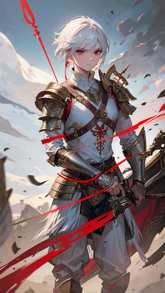 a man warrior archer with medium-cut white hair, red eyes, detailed facial features, beautiful, ornate armor, wielding a longbow, in a battle scene, medieval fantasy, dramatic lighting, cinematic composition, epic, highly detailed, 8k, photorealistic, masterpiece