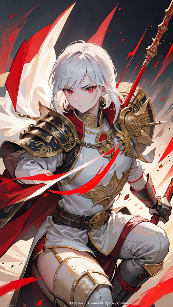 a man warrior archer with medium-cut white hair, red eyes, detailed facial features, beautiful, ornate armor, wielding a longbow, in a battle scene, medieval fantasy, dramatic lighting, cinematic composition, epic, highly detailed, 8k, photorealistic, masterpiece