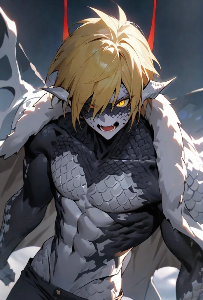 (High resolution, best quality, masterpiece), detailed, ultra detail, 1male, physically fit, muscular body, fierce expression, yellow eyes, (detailed eyes), yellow hair, short length hair, full body, ((white dragon horns)), ((face: dragon scales)), face covered in scales, human skin, ((topwear: white fur lined coat, bottomwear: tight jeans)), sunny background, part draconic, somber expression, inhuman, reptilian skin, close up