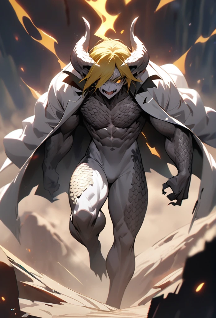 (High resolution, best quality, masterpiece), detailed, ultra detail, 1male, physically fit, muscular body, fierce expression, yellow eyes, (detailed eyes), yellow hair, short length hair, full body, ((white dragon horns)), ((face: dragon scales)), face covered in scales, human skin, ((topwear: white fur lined coat, bottomwear: tight jeans)), sunny background, part draconic, somber expression, inhuman, reptilian skin, close up