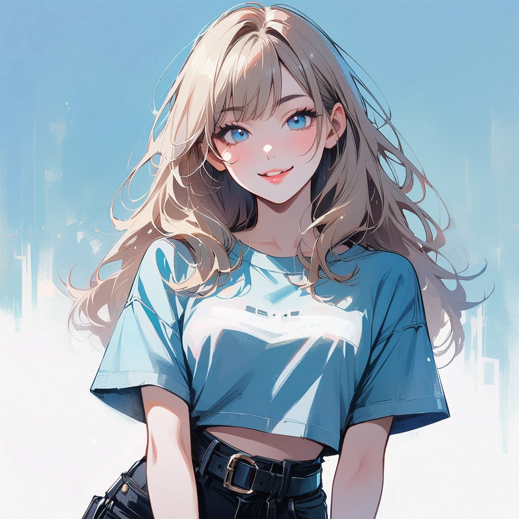Girl, light blonde hair, pale blue eyes, rosy cheeks, lipgloss, solo, smiling, ethereal, sassy, small crop top, cheeky, attitude, beautiful