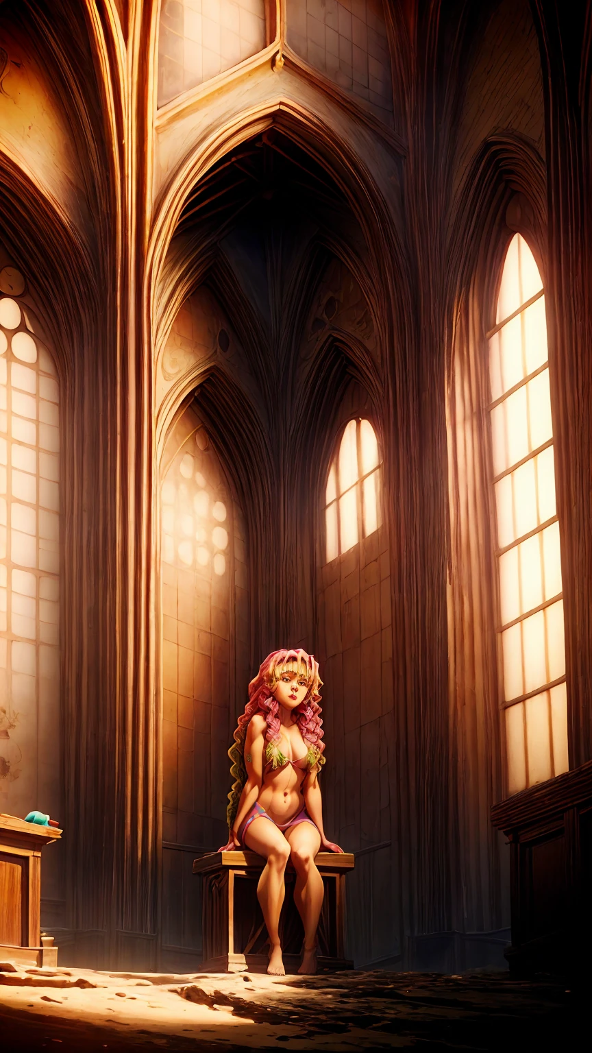 a naked cartoon girl sitting in the middle of a stained church in front of a castle, 1 girl, breasts, eyes, alone, sitting, navel, swimsuit, barefoot, looking at viewer, wariza, slingshot swimsuit, covered breasts