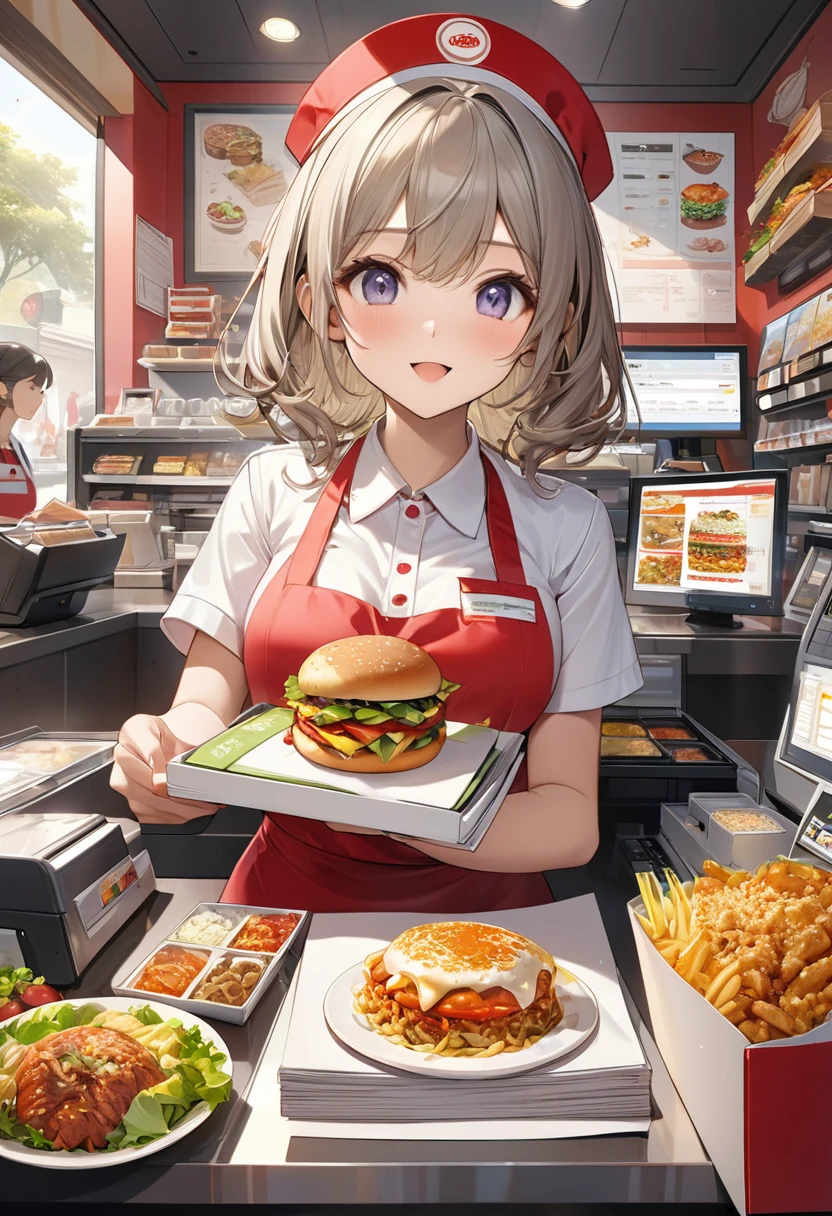 
            ( Correct and perfect anatomy ) Cute charming anime girl wearing white fast food uniform(Fast food clerk) There is a cash register in front of work in a fast food restaurant with a hand holding an order form. There are rich healthy side dishes around the cash register. The background of fast food meals is a rich meal preparation scene. Exquisite illustrations are super detailed.,Ultra-precise depiction, Ultra-detailed depiction of masterpieces Highly detailed concept art Highly detailed digital art