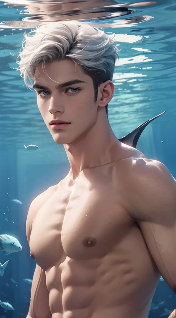 4k, high resolution, best quality, masterpiece, perfect color, perfect shade, perfect lighting, Posted by e621, ((portrait)), ((handsome man)), perfect male figure, Short hair details,chest muscles,abdominal muscles,Naked torso,merman, Detailed face, perfect face, (stood up), Detailed background, ((Bonifasco Lighting)), (delicate eyes),(),white hair, underwater scene