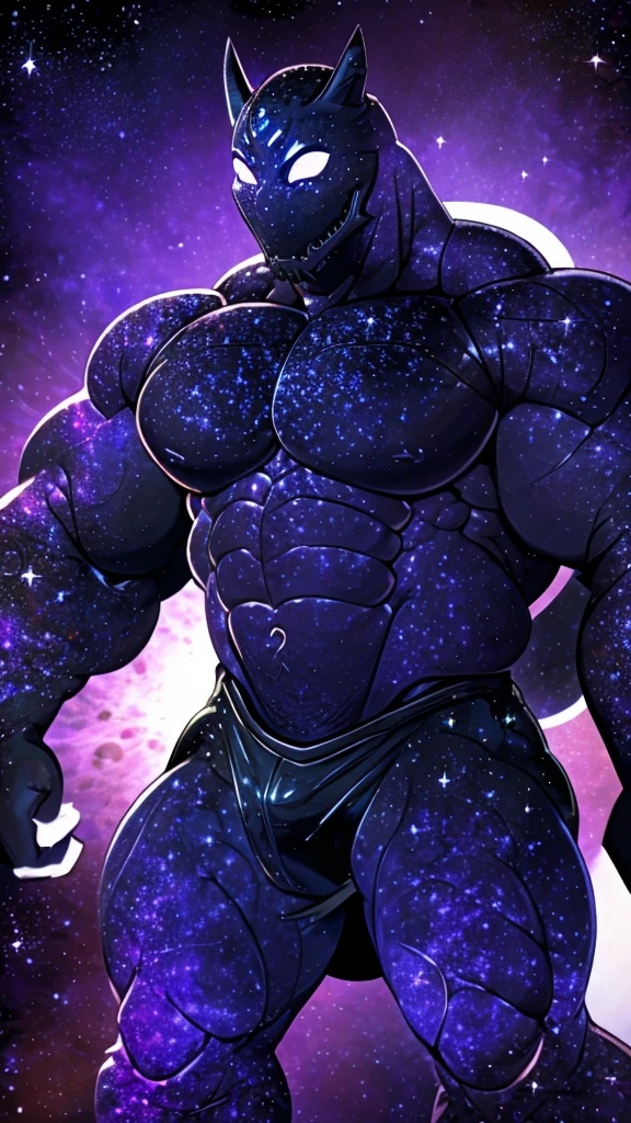 A colossal giant god of the cosmos, a muscular body made enitrely of the galaxy, muscular, giant, wearing a purple and black skirt, thick galaxy thichs, big galaxy pecs, big muscular galaxy arms, galaxy mask, glowing white eyes,