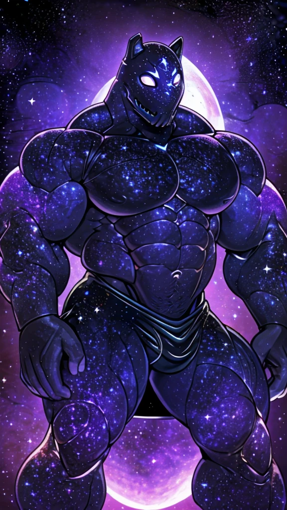 A colossal giant god of the cosmos, a muscular body made enitrely of the galaxy, muscular, giant, wearing a purple and black skirt, thick galaxy thichs, big galaxy pecs, big muscular galaxy arms, galaxy mask, glowing white eyes,