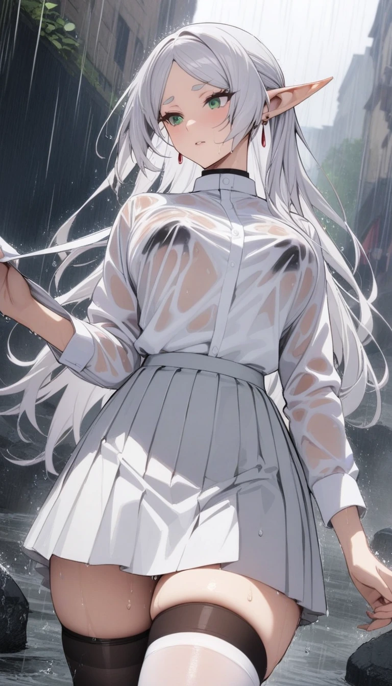 masterpiece, best quality, very aesthetic, absurdres, 1girl, mature_lady, 1girl, thighhighs,one thighhigh is white, another thighhigh is black, white stocking, black stocking, pleated skirt, shirt tucked in, tented shirt,bow, wet_clothes,raining,waterdrop,,frieren,sousou_no_frieren,elf, green_eyes, grey_hair, white_hair, long_hair, parted_bangs, pointy_ears, dangle_earrings, drop_earrings, earrings,,in hell,floating_clothes